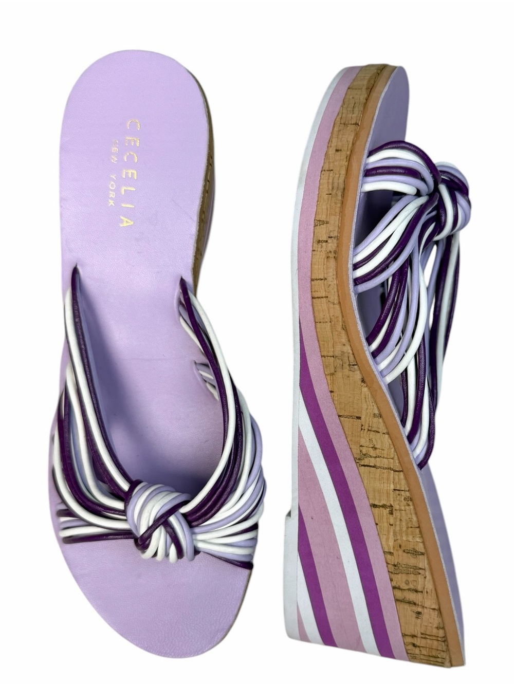 Anthropologie Cecelia New York Lavender Cork Stripe Wedge Slide Sandals 7.5
